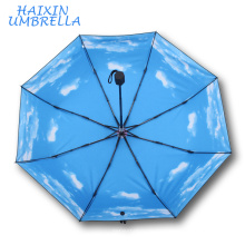 Moda para hombres Popular Mini Beach Style Portable Travel Handheld Parasol Cielo azul y paraguas de la impresión en la nube